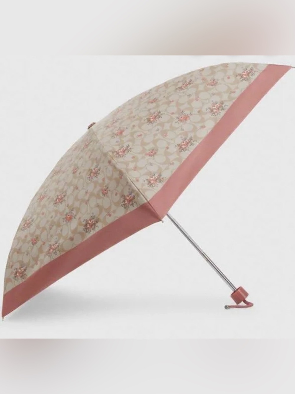 Coach Beige Floral Folding Umbrella with Pink Trim